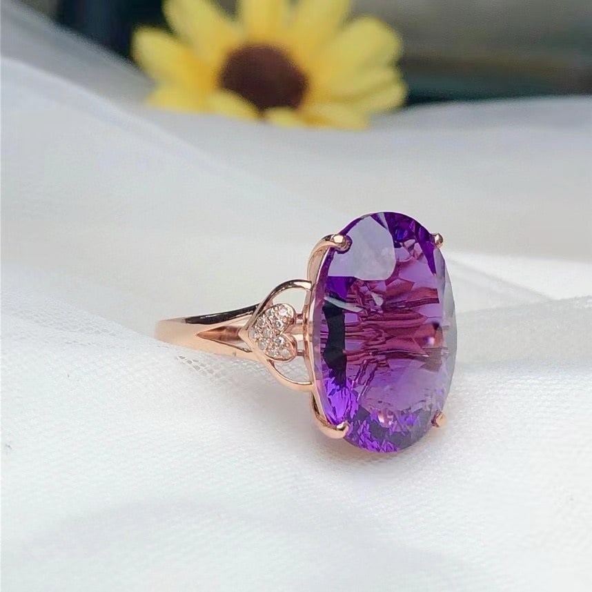 14k Gold 12.50 Ct Natural Amethyst & Diamond Ring - 2
