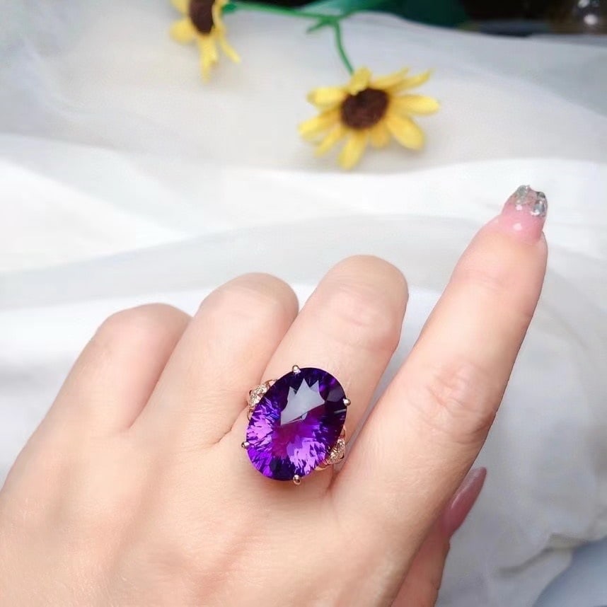 14k Gold 12.50 Ct Natural Amethyst & Diamond Ring - 3