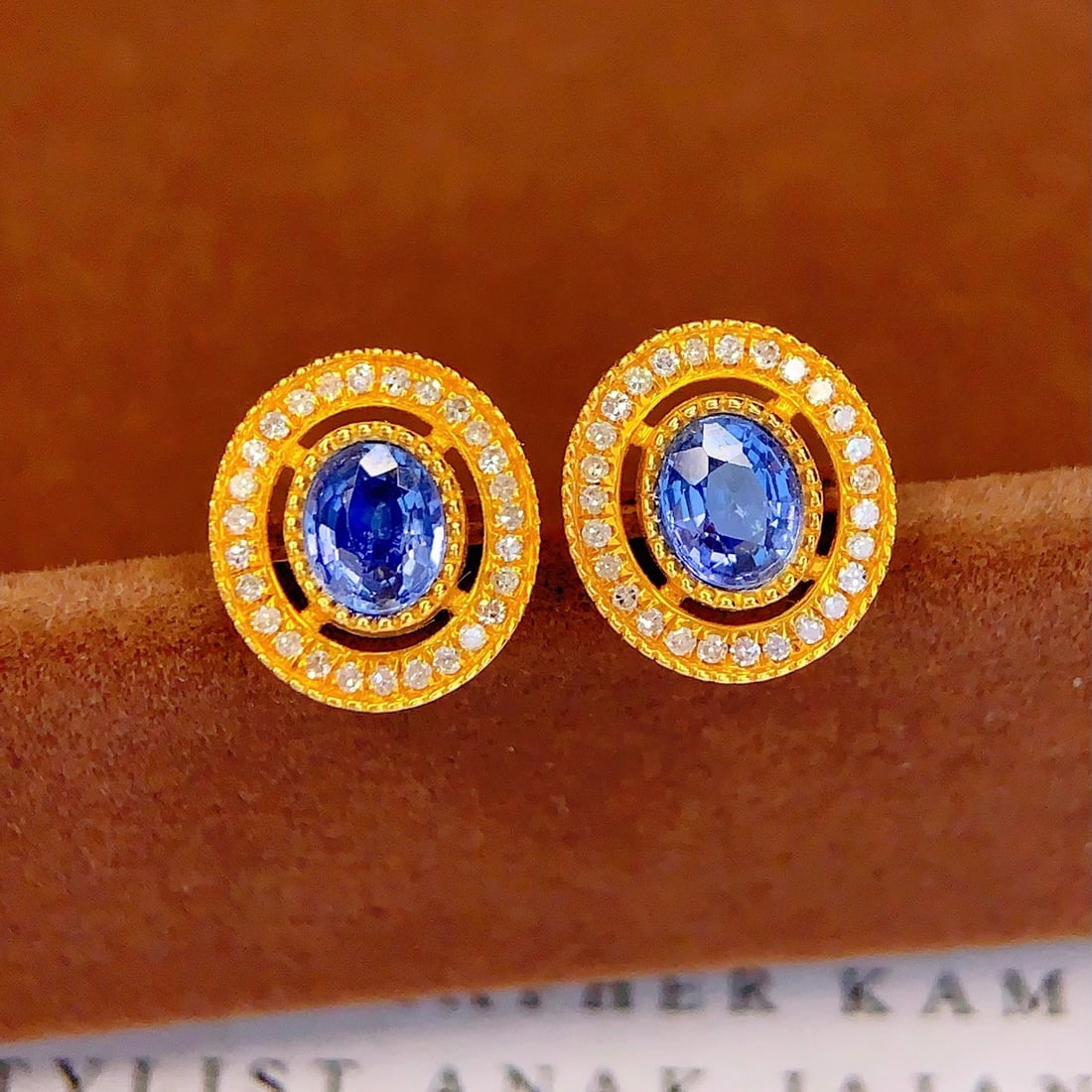14k Gold 1.3 Ct Natural Sapphire & Diamond Earrings - 3