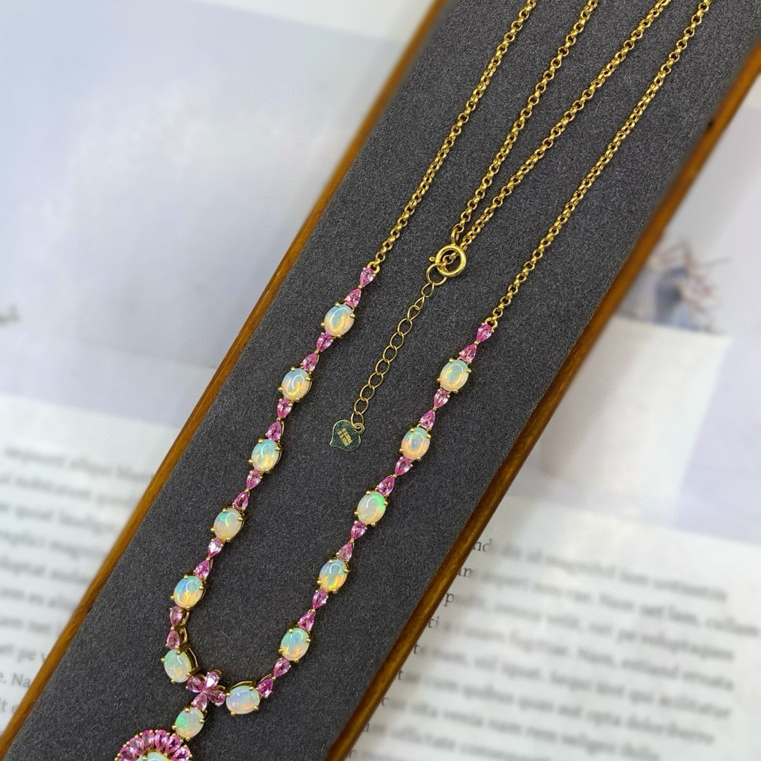 14k Gold 6.45 Ctw Natural Opal & Sapphire Necklace - 4