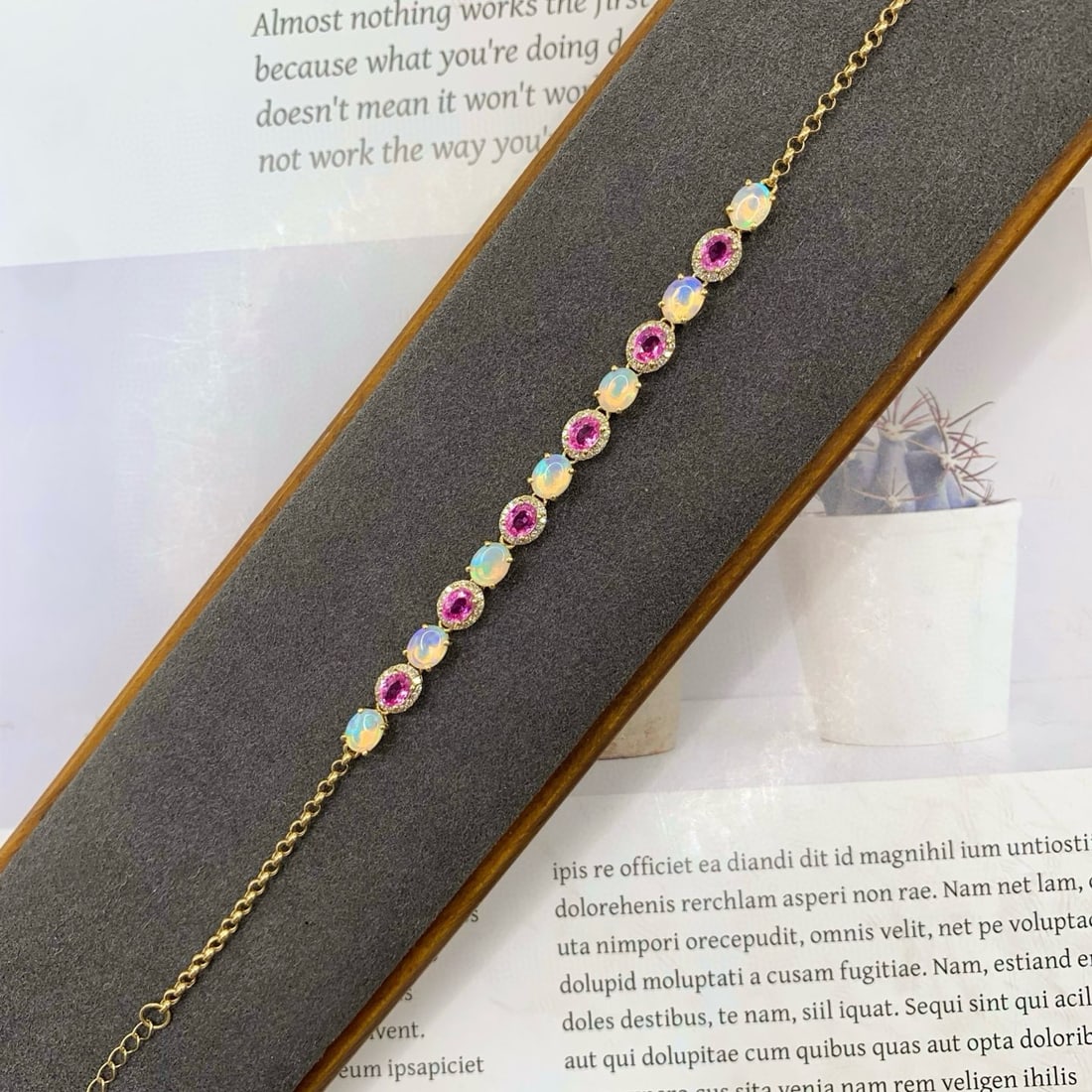 14k Gold 3.11 Ctw Natural Opal & Sapphire Bracelet - 2