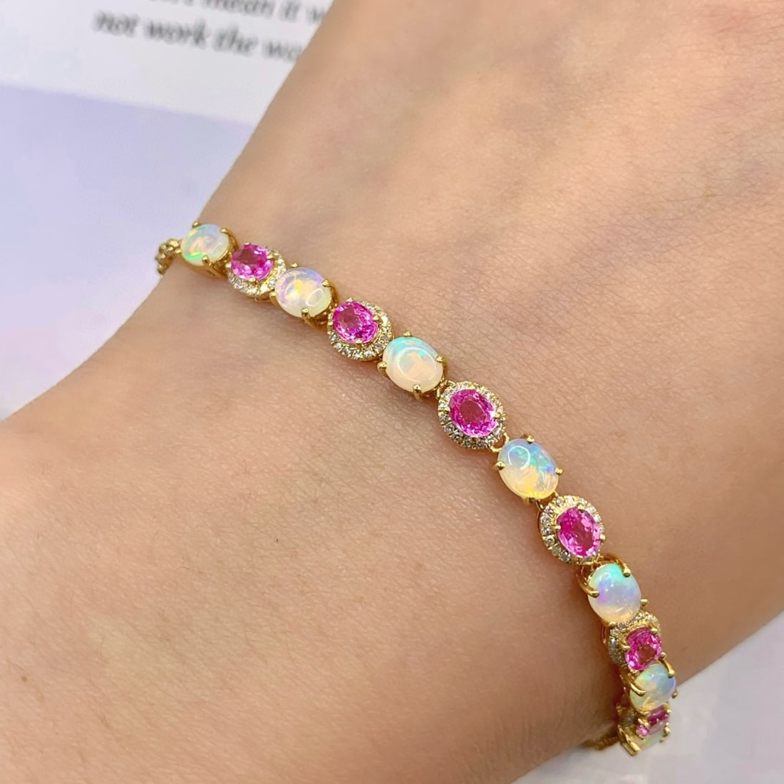 14k Gold 3.11 Ctw Natural Opal & Sapphire Bracelet - 5