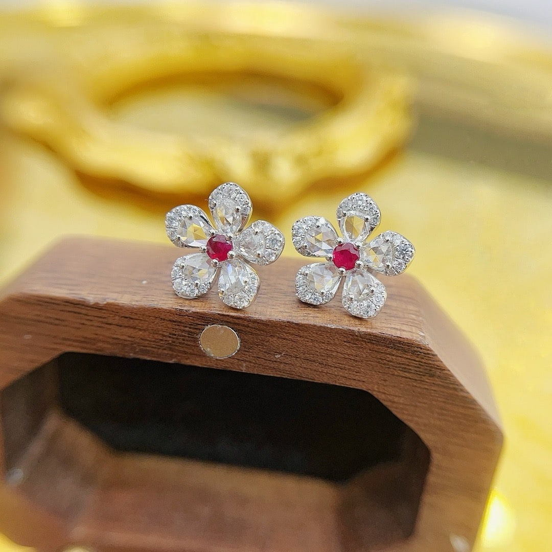 14k Gold 1.36 Ctw Natural Ruby & Diamond & Flowers Earrings - 3