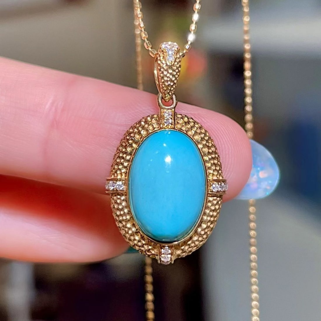 14k Gold 3.71 Ctw Natural Blue Turquoise & Diamond Pendant( Without Chain ): Ref:231186429 // gold content:14k gold // main gemstone:blue turquoise // shape:oval // carat weight:3. 63ct // color:blue // treatment:natural // // adjacent gemstone 2 : diamond // shape:round //
