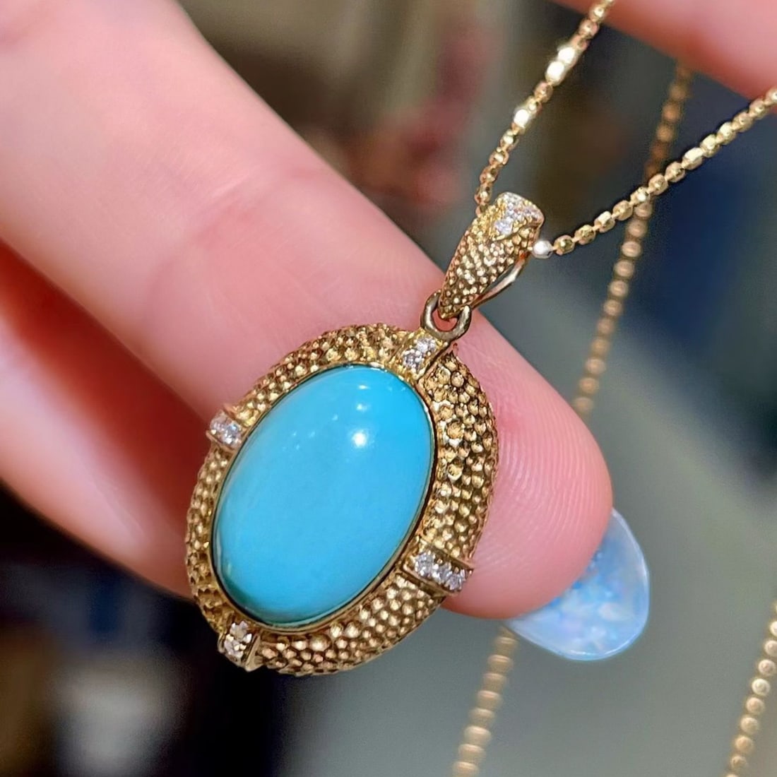 14k Gold 3.71 Ctw Natural Blue Turquoise & Diamond Pendant( Without Chain ) - 3
