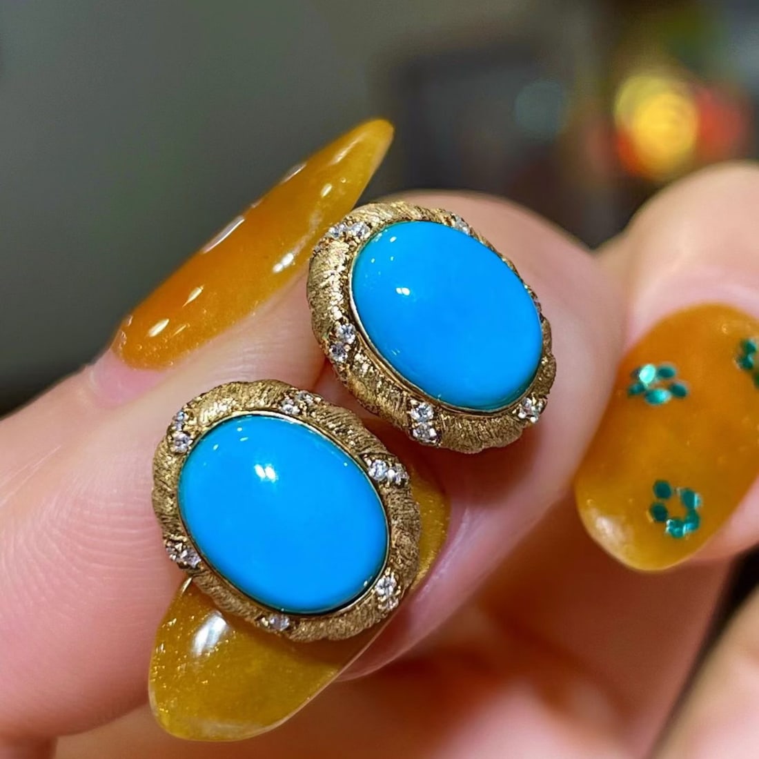 14k Gold 3.59 Ctw Natural Blue Turquoise & Diamond Earrings - 2