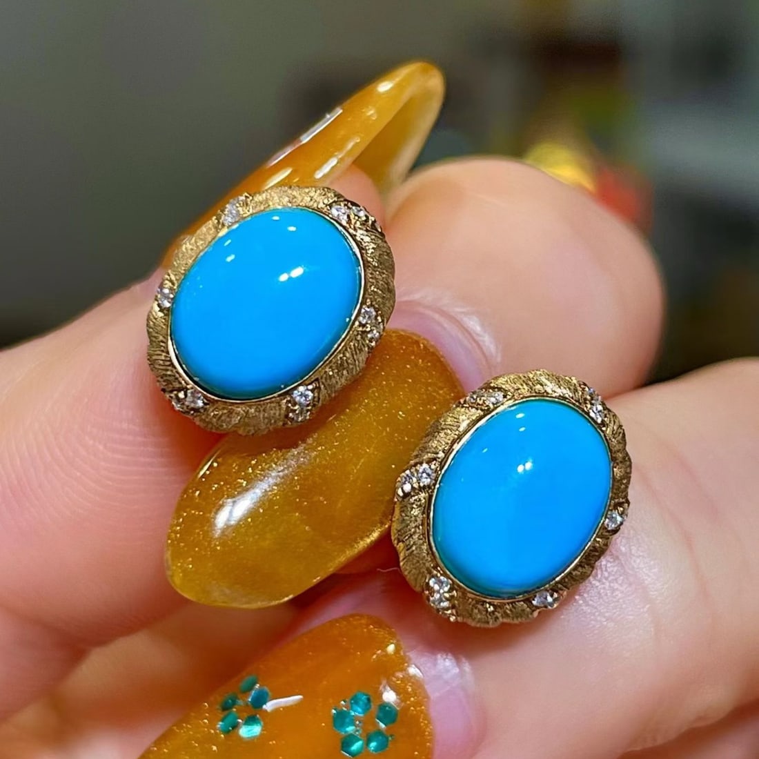 14k Gold 3.59 Ctw Natural Blue Turquoise & Diamond Earrings - 3