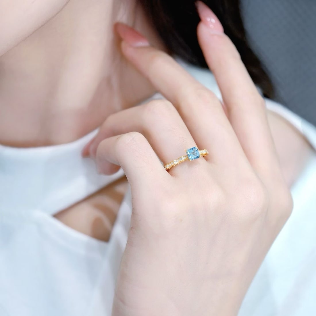 14k Gold 0.71 Ctw Natural Aquamarine & Diamond Ring - 6