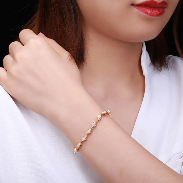 14k Gold 2.78 Ctw Natural Opal & Diamond Bracelet - 6