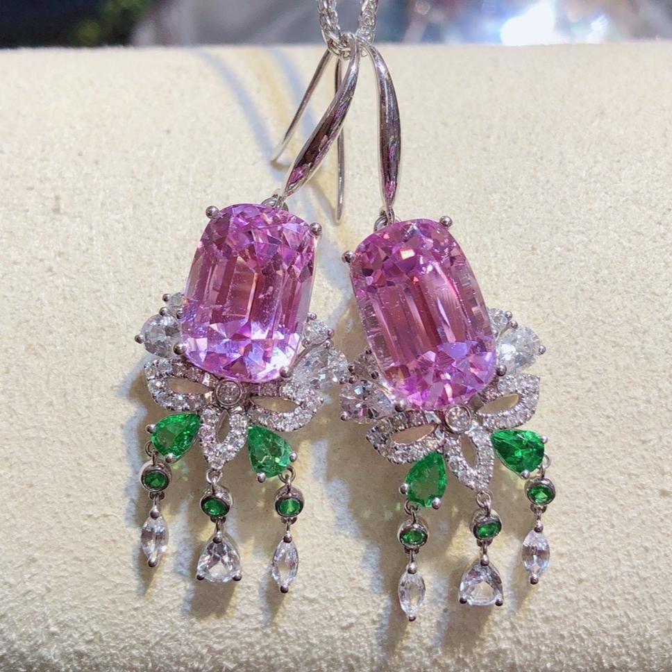 14k Gold 19.74 Ctw Natural Kunzite & Sapphire Earrings: Ref:231187018 // gold content:14k gold // main gemstone:kunzite // shape:cushion // carat weight:17. 14ct // color:pinkish purple // treatment:natural // // adjacent gemstone 2 : sapphire // shape:mul