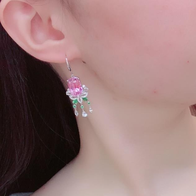14k Gold 19.74 Ctw Natural Kunzite & Sapphire Earrings - 2