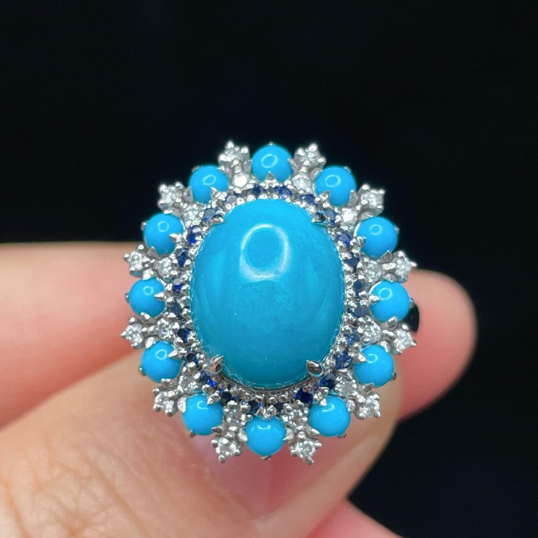 14k Gold 3.95 Ctw Natural Blue Turquoise & Diamond Ring: Ref:231187023 // gold content:14k gold // ring size:7. 25us // // main gemstone:blue turquoise // shape:oval // carat weight:3. 75ct // color:blue // treatment:natural // // adjacent gemstone 2 :