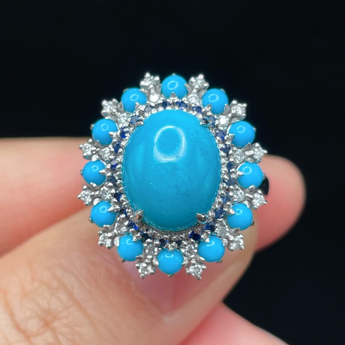 14k Gold 3.95 Ctw Natural Blue Turquoise & Diamond Ring - 2