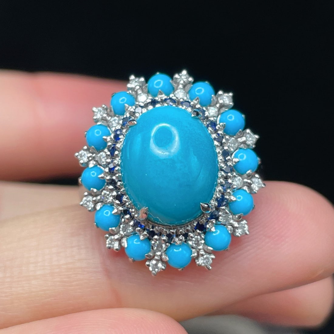 14k Gold 3.95 Ctw Natural Blue Turquoise & Diamond Ring - 3