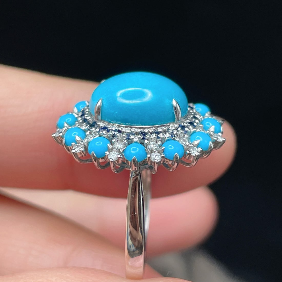 14k Gold 3.95 Ctw Natural Blue Turquoise & Diamond Ring - 5