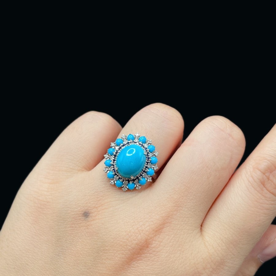 14k Gold 3.95 Ctw Natural Blue Turquoise & Diamond Ring - 7