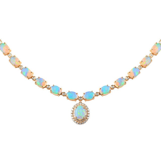14k Gold 5.78 Ctw Natural Opal & Diamond Necklace - 5