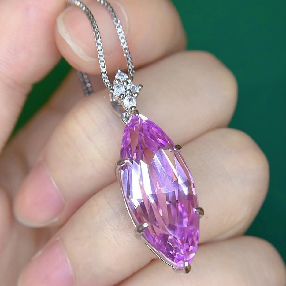 14k Gold 18.21 Ctw Natural Kunzite & Sapphire Pendant( Without Chain ) - 2