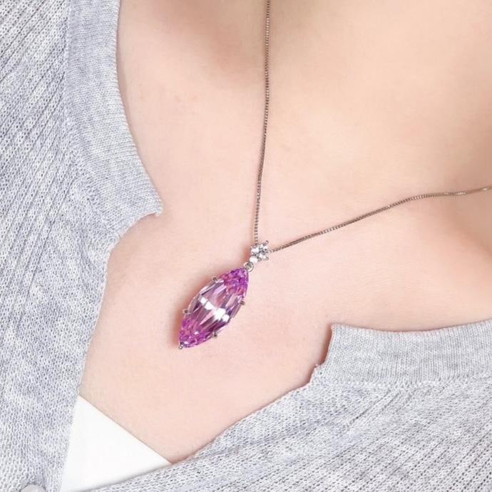14k Gold 18.21 Ctw Natural Kunzite & Sapphire Pendant( Without Chain ) - 4