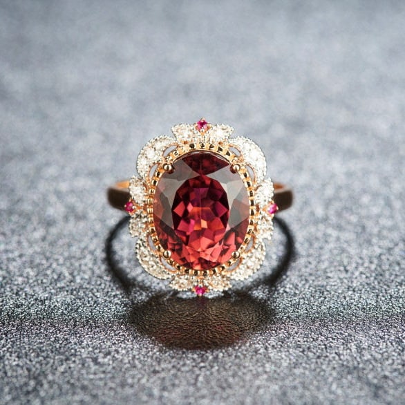 14k Gold 3.93 Ct Natural Tourmaline & Diamond & Ruby Ring: Ref:231187064 // gold content:14k gold // ring size:7. 25us // // main gemstone:tourmaline // shape:oval // carat weight:3. 93ct // color:red // treatment:natural // // adjacent gemstone 2 : diamond