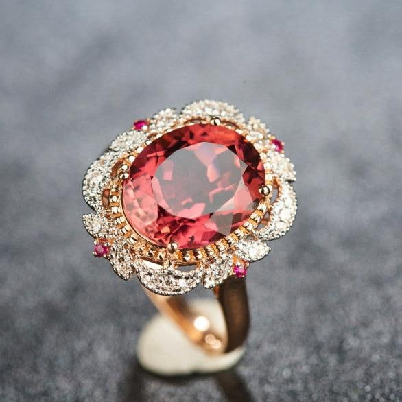 14k Gold 3.93 Ct Natural Tourmaline & Diamond & Ruby Ring - 7