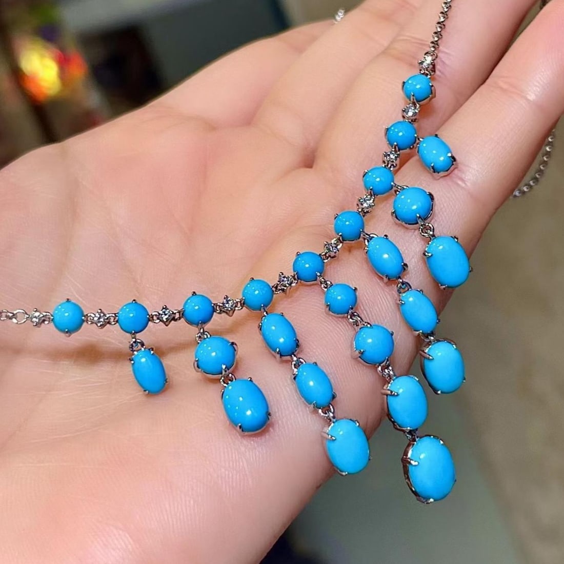 14k Gold 13.37 Ctw Natural Blue Turquoise & Diamond Necklace - 3