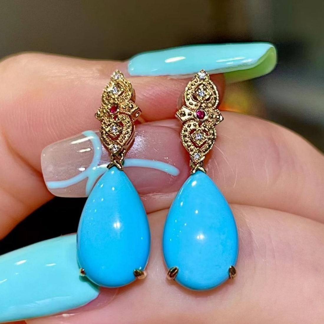 14k Gold 5.68 Ct Natural Blue Turquoise & Diamond & Ruby Earrings: Ref:231187072 // gold content:14k gold // main gemstone:blue turquoise // shape:pear // carat weight:5. 68ct // color:blue // treatment:natural // // adjacent gemstone 2 : diamond // shape:round //