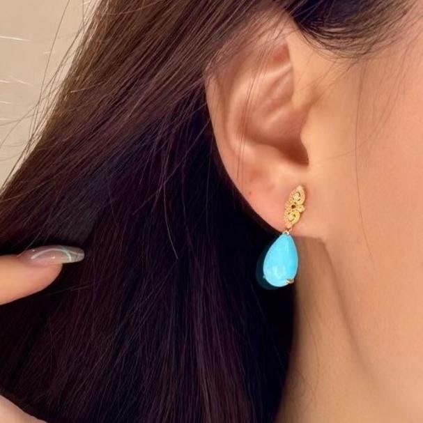 14k Gold 5.68 Ct Natural Blue Turquoise & Diamond & Ruby Earrings - 2
