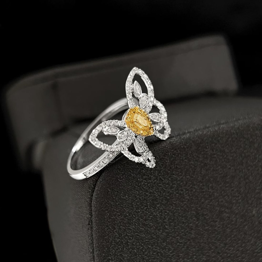14k Gold 0.56 Ct Natural Color Diamond & Butterfly Ring - 2