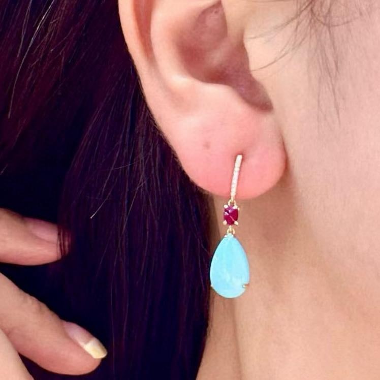 14k Gold 5.41 Ctw Natural Blue Turquoise & Ruby Earrings - 4