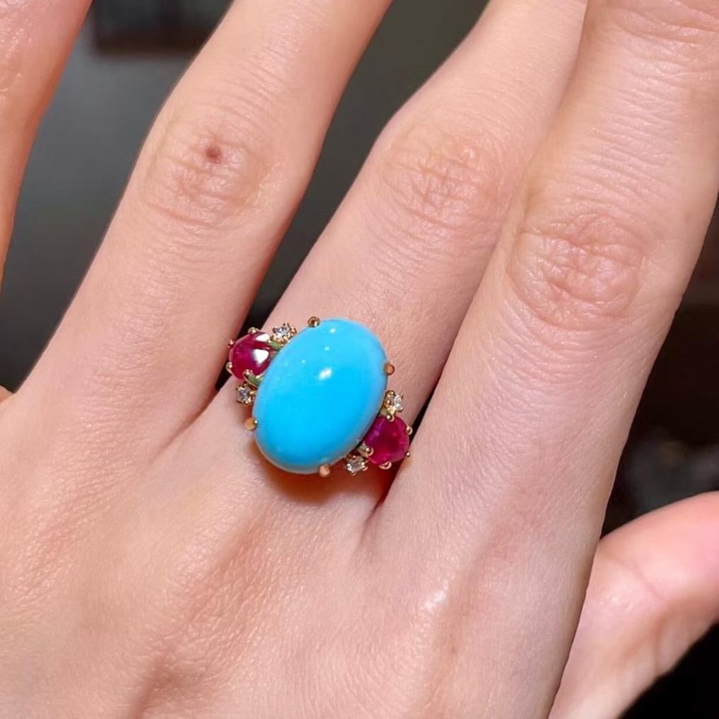 14k Gold 7.85 Ctw Natural Blue Turquoise & Ruby Ring - 3