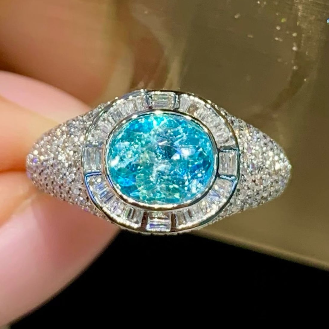 14k Gold 1.3 Ct Natural Paraiba Tourmaline & Diamond Ring: Ref:231187164 // gold content:14k gold // ring size:7. 25us // // main gemstone:paraiba tourmaline // shape:oval // carat weight:1. 3ct // color:blue // treatment:natural // // adjacent gemstone 2 :