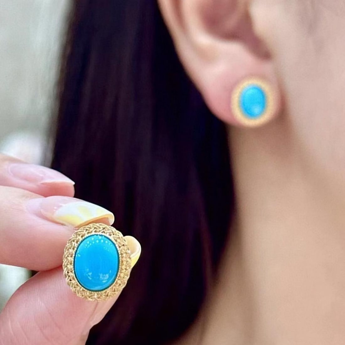 14k Gold 8.86 Ct Natural Blue Turquoise Earrings - 4