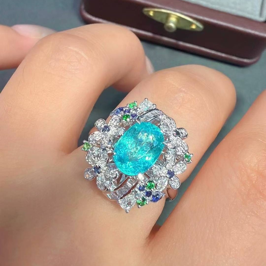 14k Gold 1.94 Ctw Natural Paraiba Tourmaline & Diamond Ring - 3