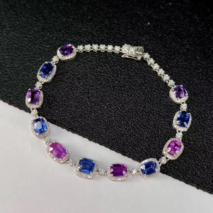 14k Gold 9.90 Ctw Natural Sapphire & Diamond Bracelet: Ref:231187184 // gold content:14k gold // main gemstone:sapphire // shape:cushion // carat weight:8. 60ct // color:color // treatment:natural // // adjacent gemstone 2 : diamond // shape:round //