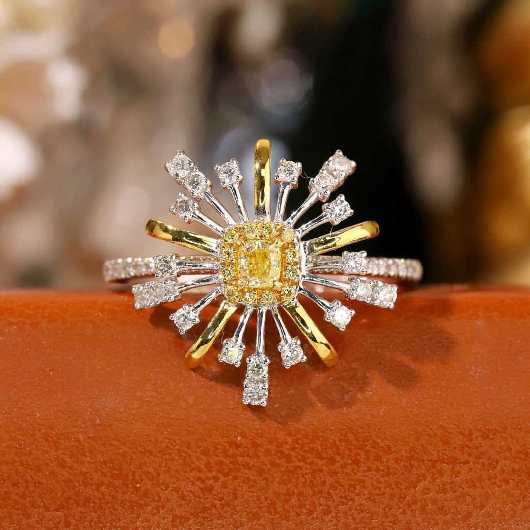 14k Gold 0.55 Ctw Natural Yellow Diamond & Diamond Ring: Ref:231187194 // gold content:14k gold // ring size:7. 25us // // main gemstone:yellow diamond // shape:cushion // carat weight:0. 15ct // color:yellow // treatment:natural // // adjacent gemstone 2