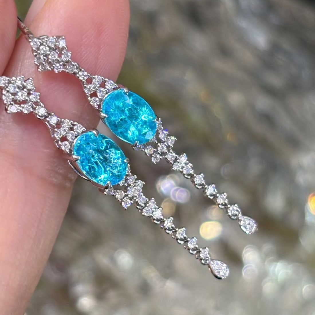 14k Gold 1.5 Ct Natural Paraiba Tourmaline & Diamond Earrings - 3