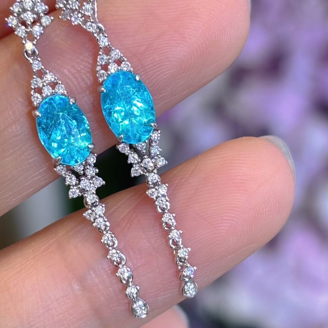 14k Gold 1.5 Ct Natural Paraiba Tourmaline & Diamond Earrings - 4