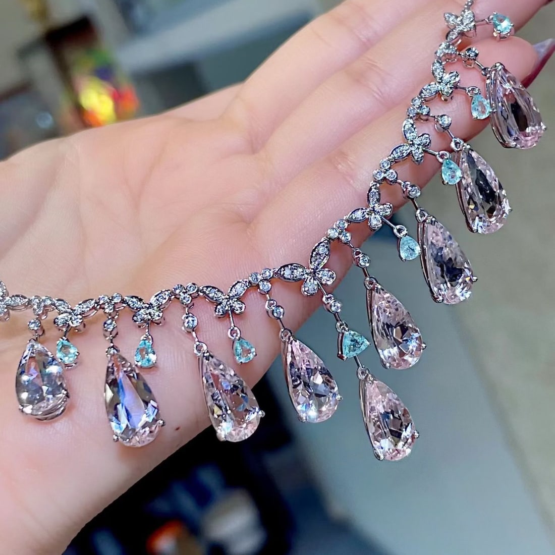 14k Gold 21.48 Ctw Natural Morganite & Paraiba Tourmaline Necklace - 2