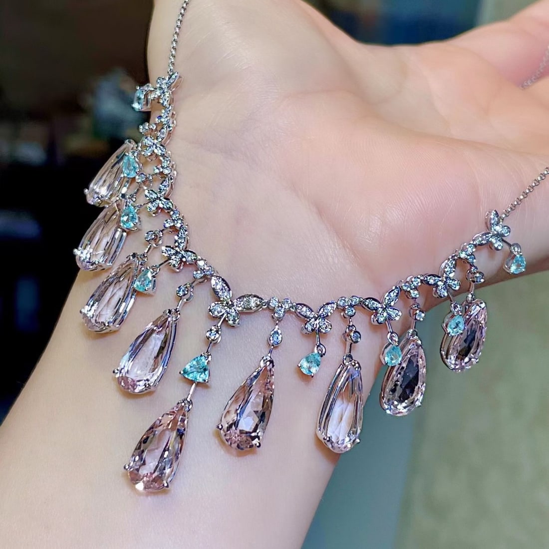 14k Gold 21.48 Ctw Natural Morganite & Paraiba Tourmaline Necklace - 4