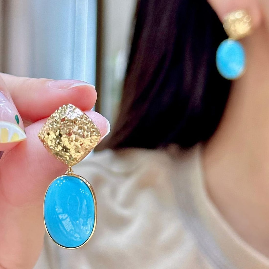 14k Gold 16.6 Ct Natural Blue Turquoise Earrings - 6