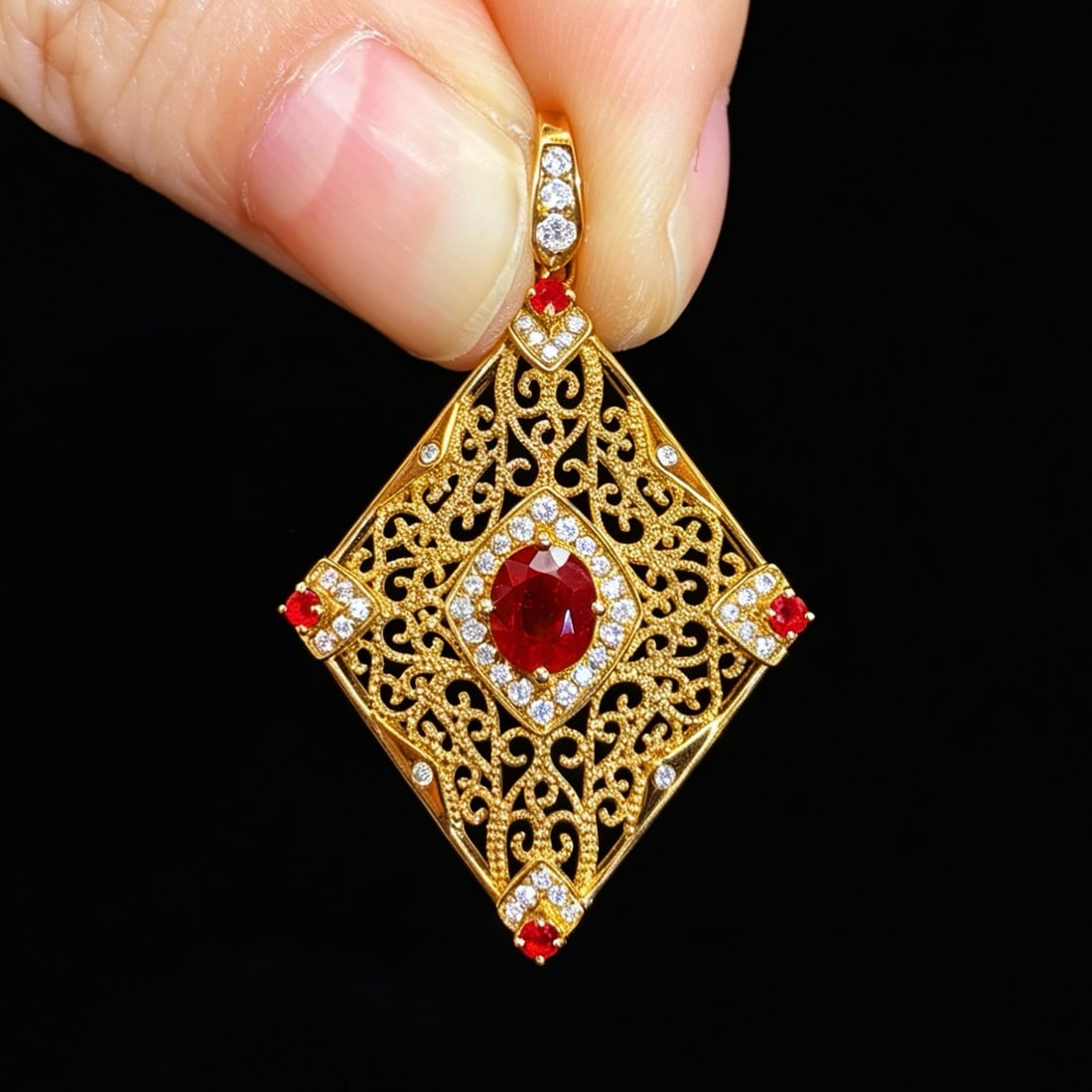 14k Gold 1.08 Ctw Vivid Red Natural Ruby & Diamond Pendant( Without Chain ): Ref:231187228 // gold content:14k gold // main gemstone:ruby // shape:oval // carat weight:0. 83ct // color:vivid red // treatment:natural // // adjacent gemstone 2 : diamond // shape:round // carat w