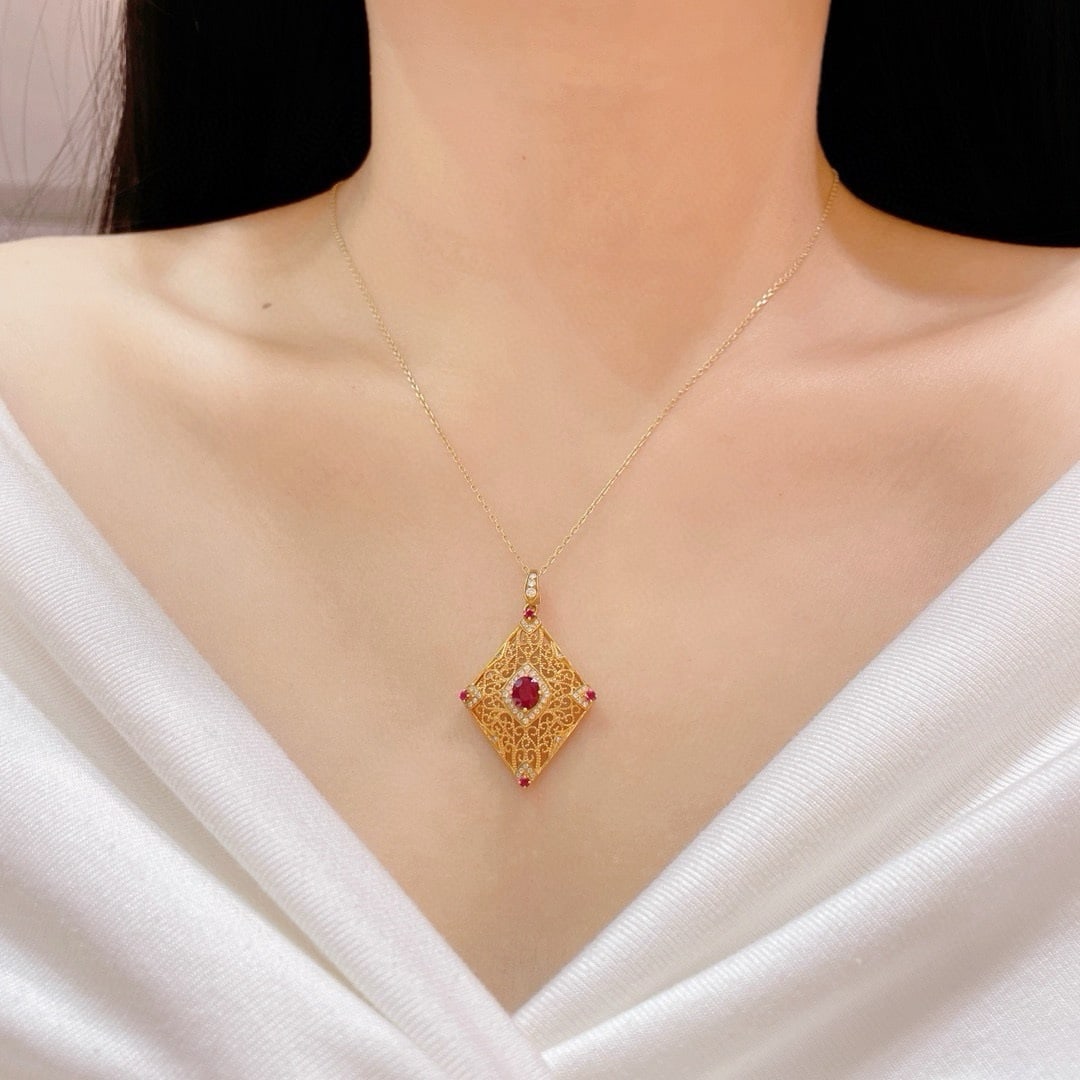 14k Gold 1.08 Ctw Vivid Red Natural Ruby & Diamond Pendant( Without Chain ) - 6