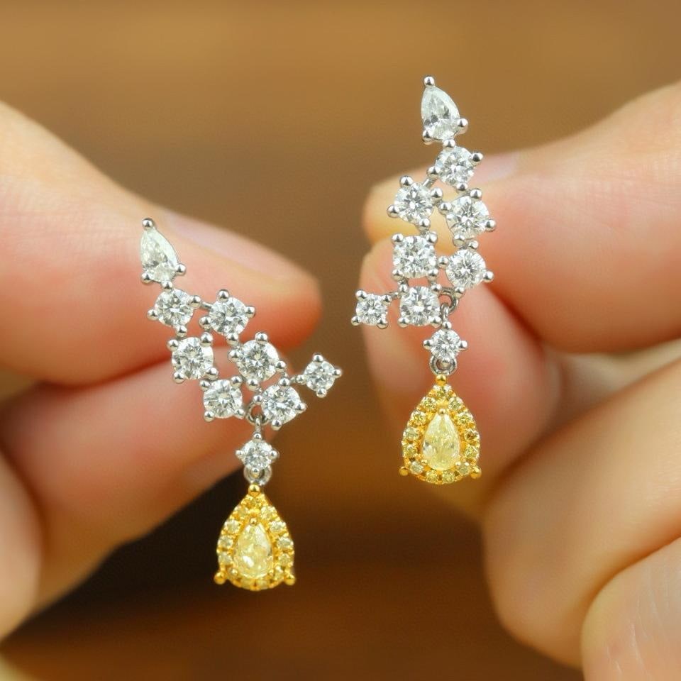 14k Gold 1.42 Ctw Natural Yellow Diamond & Diamond Earrings: Ref:231187249 // gold content:14k gold // main gemstone:yellow diamond // shape:pear // carat weight:0. 22ct // color:yellow // treatment:natural // // adjacent gemstone 2 : diamond // shape:multiple 