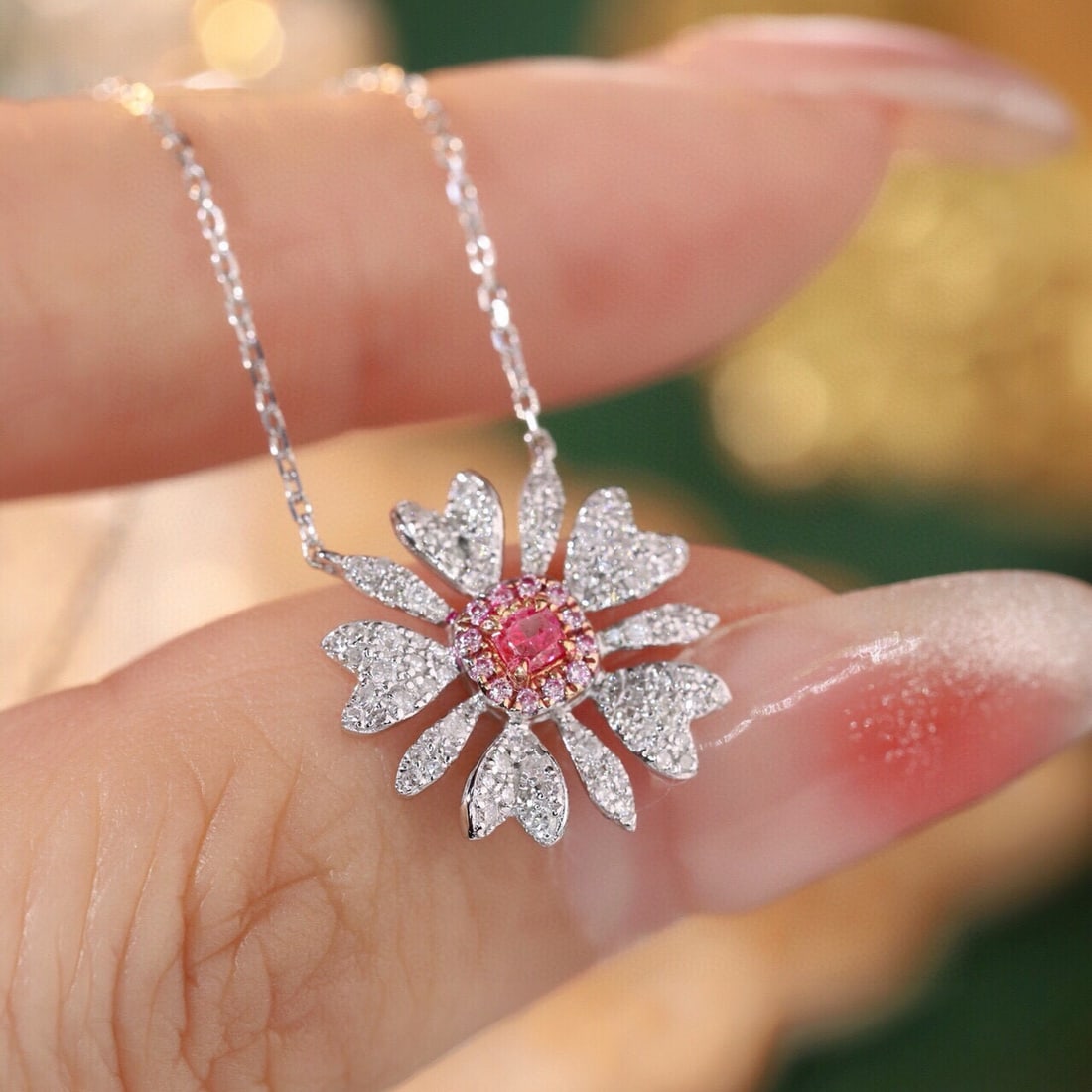 14k Gold 0.45 Ctw Natural Pink Diamond & Diamond & Flowers Necklace - 2