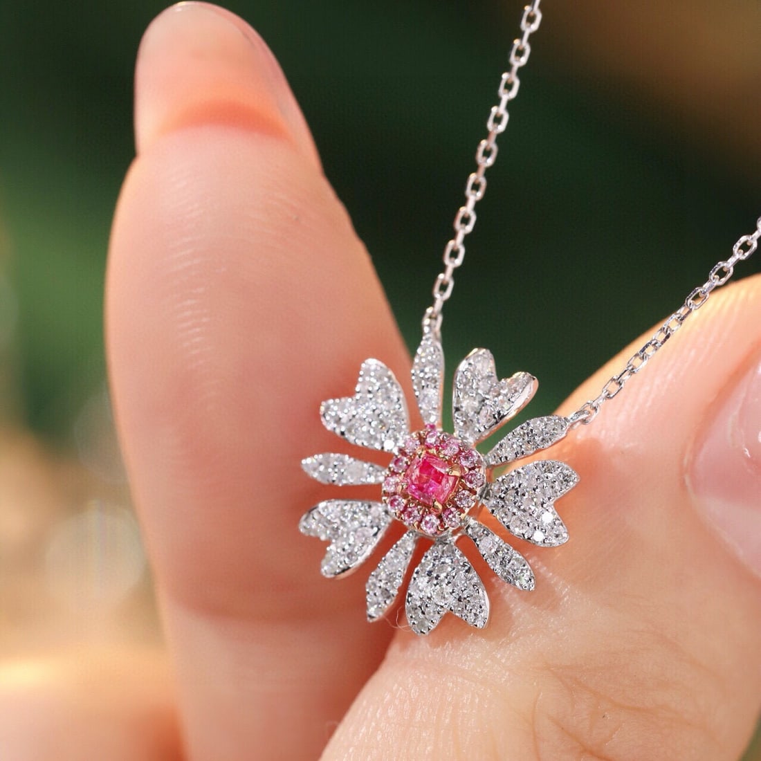 14k Gold 0.45 Ctw Natural Pink Diamond & Diamond & Flowers Necklace - 7
