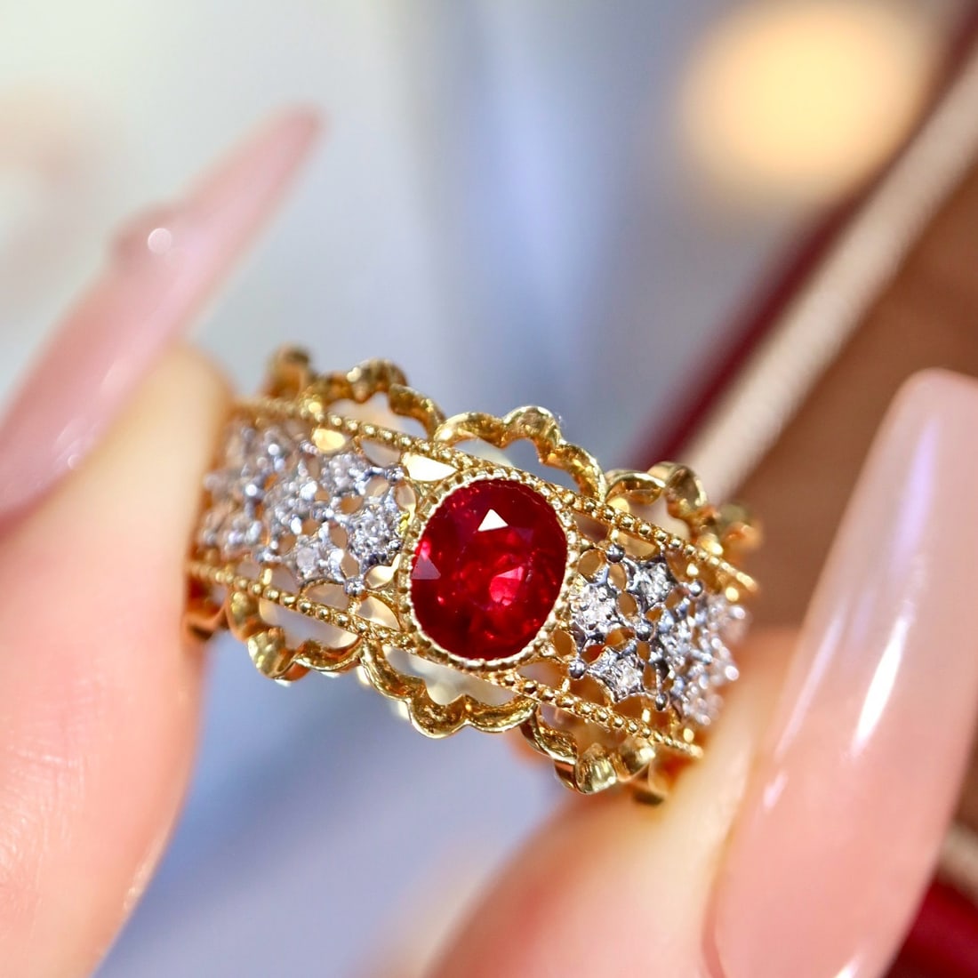 14k Gold 0.84 Ctw Vivid Red Natural Ruby & Diamond Ring - 6