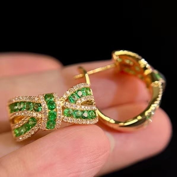 14k Gold 1.54 Ctw Natural Emerald & Diamond Earrings - 2