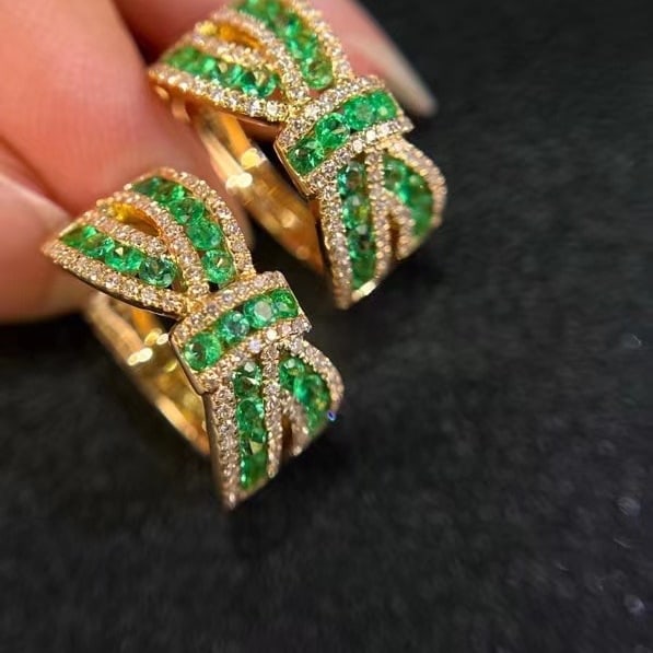 14k Gold 1.54 Ctw Natural Emerald & Diamond Earrings - 4
