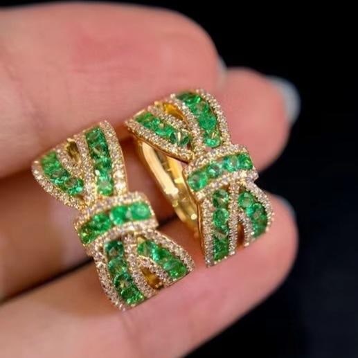 14k Gold 1.54 Ctw Natural Emerald & Diamond Earrings - 8